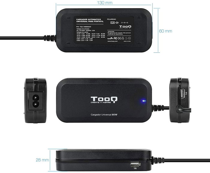 TooQ Cargador Automático Universal para Portátil TQLC-90BS02AT - 90W, 12 Conectores DC, 2 Puertos USB, Voltaje 12-20V